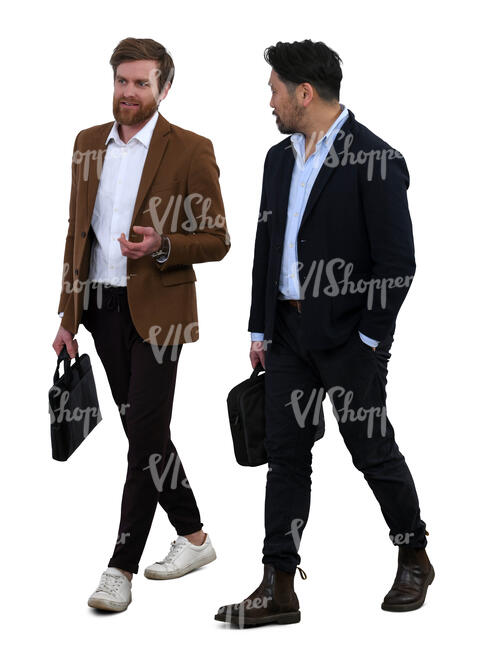 two smart casual men walking and talking
