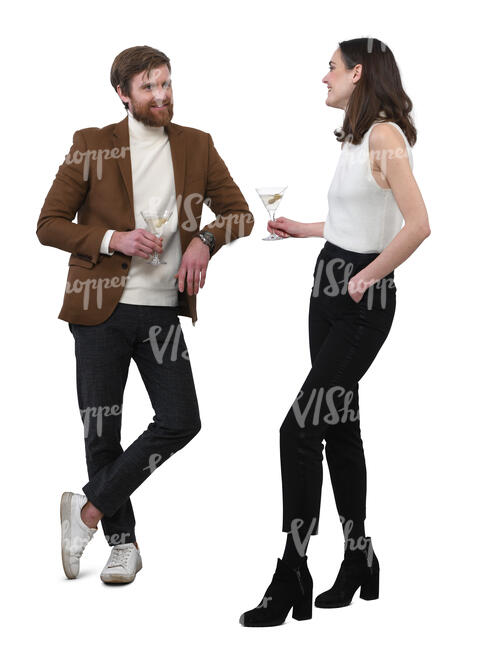 man and woman standing in a bar and drinking martinis