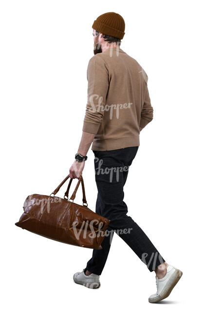 man with a brown leather travel bag walking