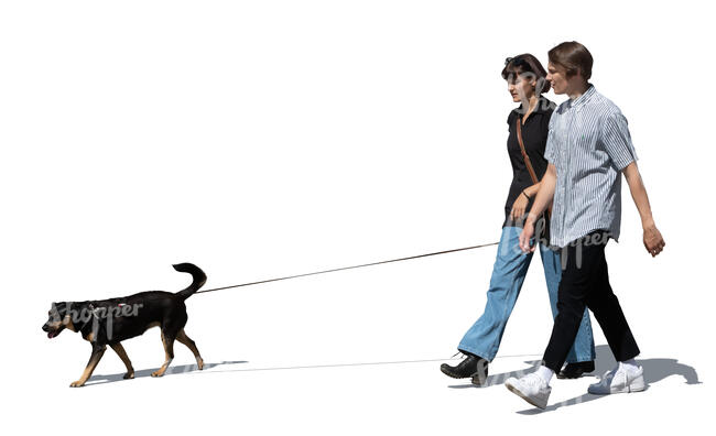 teenage couple with a dog walking