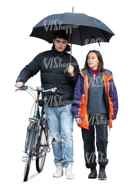 man and woman with a bike and an umbrella walking