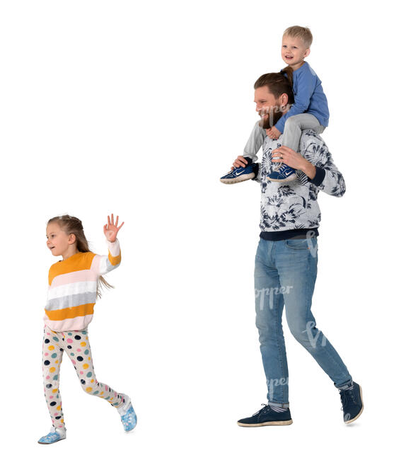 man with two kids walking happily