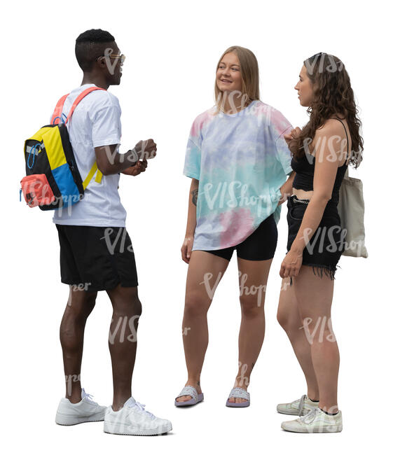 group of three friends standing and talking