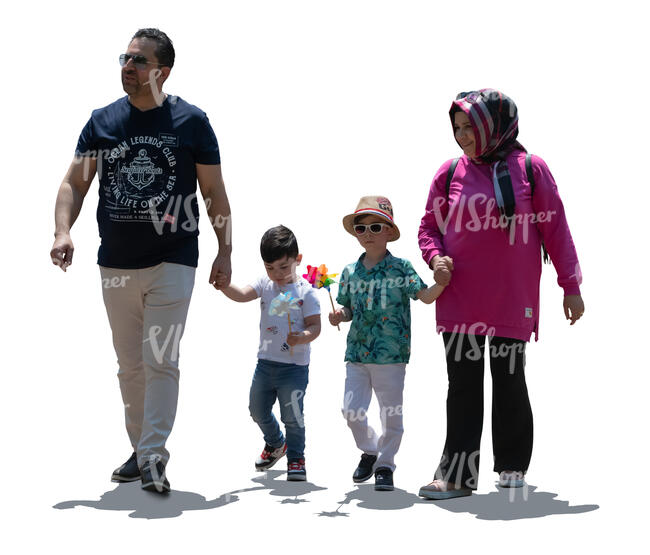 cut out backlit muslim family with two sons walking