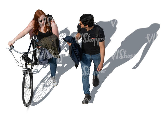 woman with a bike and a man walkin seen from top