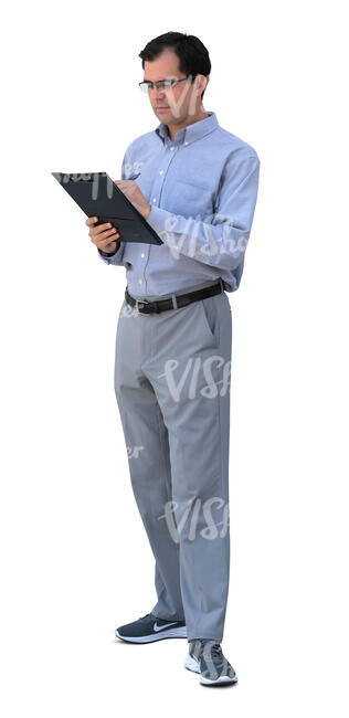 man standing and writing notes