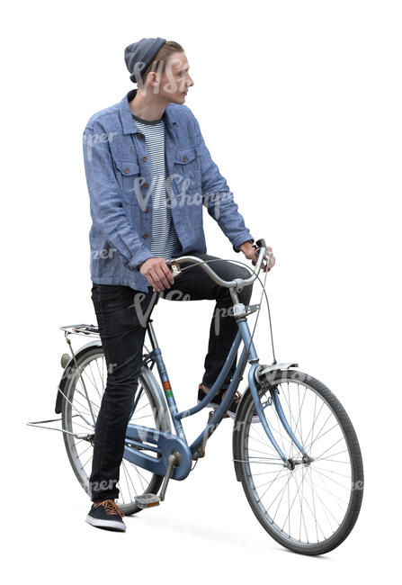man with a blue bike standing