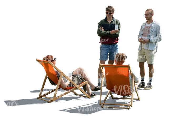 two men talking to two girls sitting in garden chairs