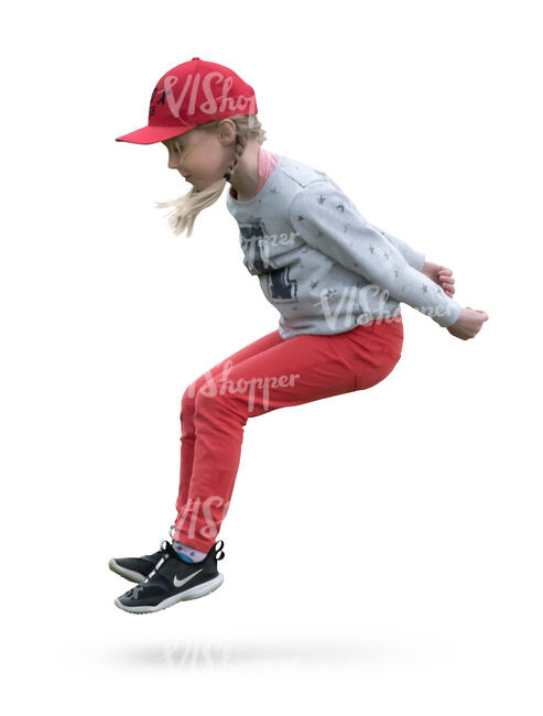 little girl with a red hat jumping