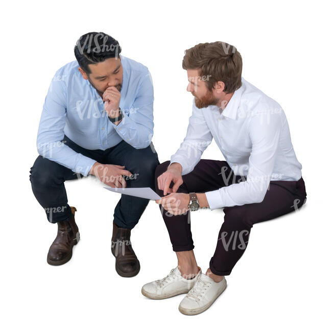 two men sitting and discussing seen from above