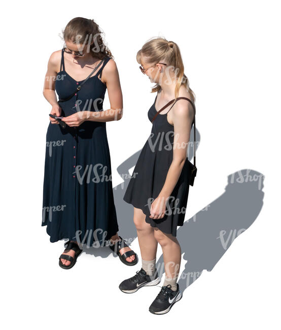 top view of two women standing and talking