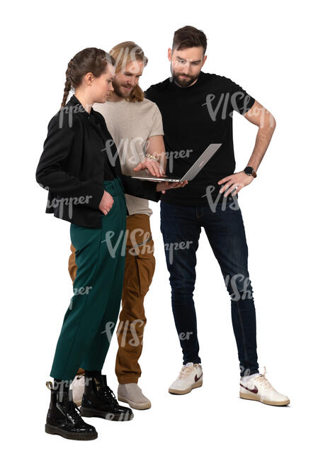 three young people ith laptop standing and discussing smth
