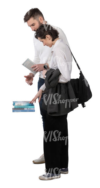 man and woman at a bookstore looking at books