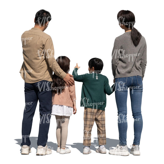 asian family with kids standing and looking at smth