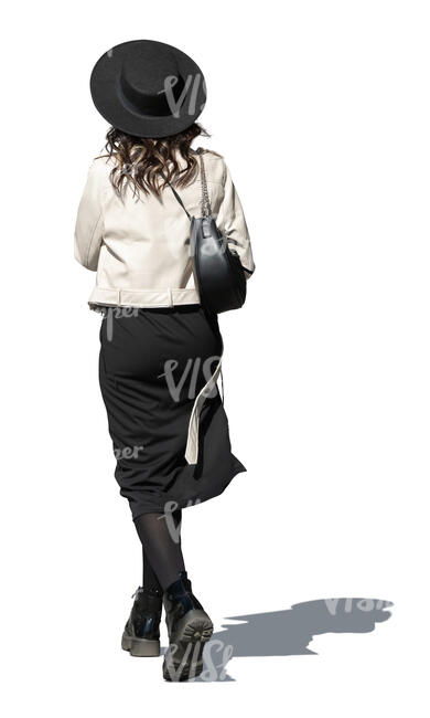woman with a black hat walking