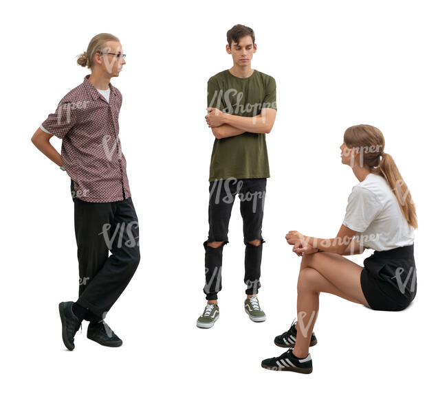 woman sitting and talking to two guys