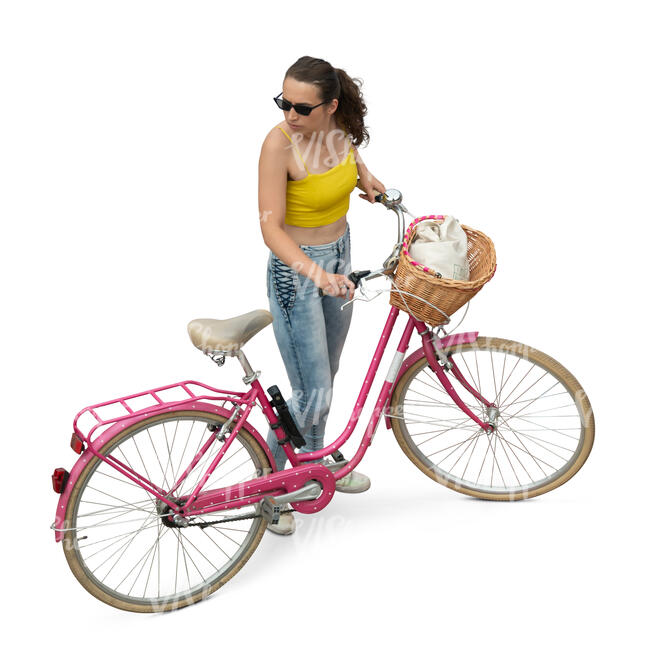 woman with a pink bike standing seen from above