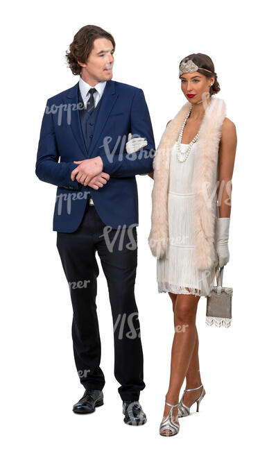 elegant couple in vintage party outfits standing