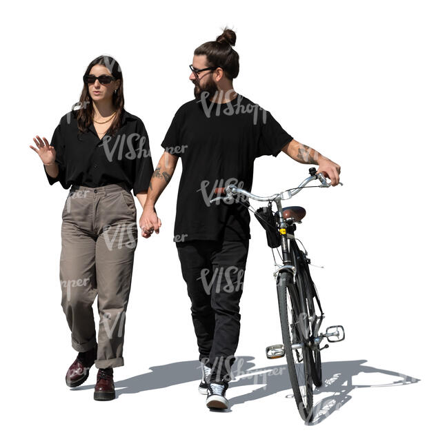 couple with a bike walking hand in hand