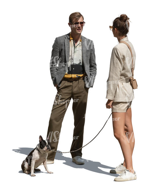 woman with a dog talking to a male friend