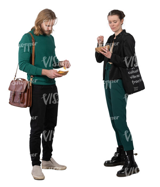 man and woman eating street food