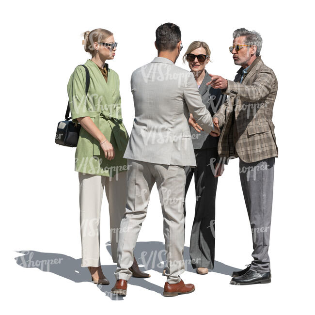 group of people standing and greeting in the street