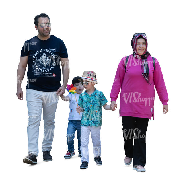 middle eastern family with two kids walking hand in hand