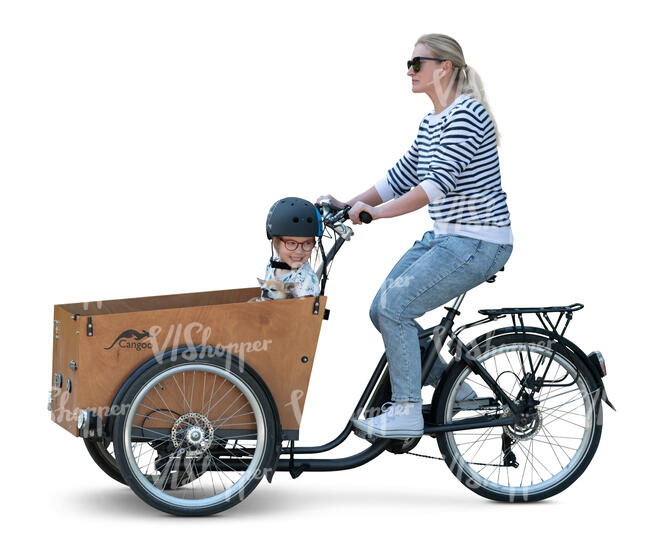 woman riding a cargo bike with her daughter