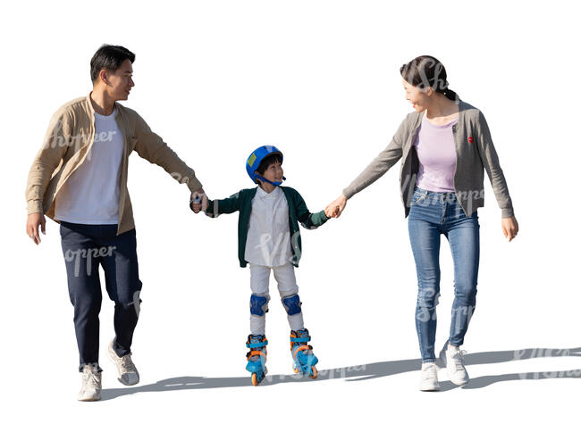 asian boy roller skating with his parents