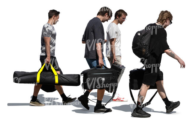 group of men carrying filming equipment