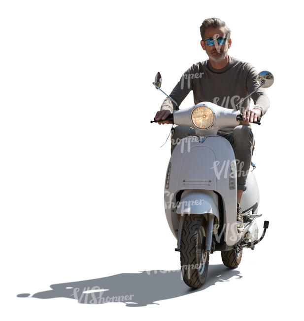 backlit man riding a white motor scooter