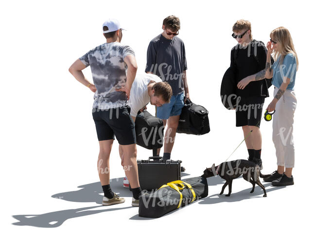 group of people with bags and a dog