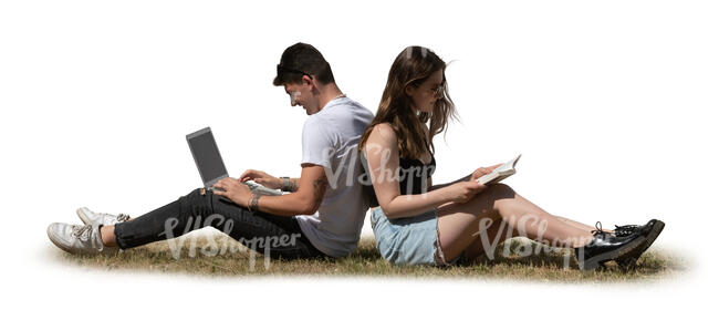man and woman sitting back to back on the grass