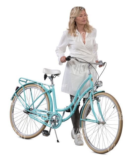 woman with a light blue bicycle walking