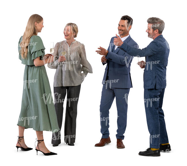 lively party with four people standing and talking