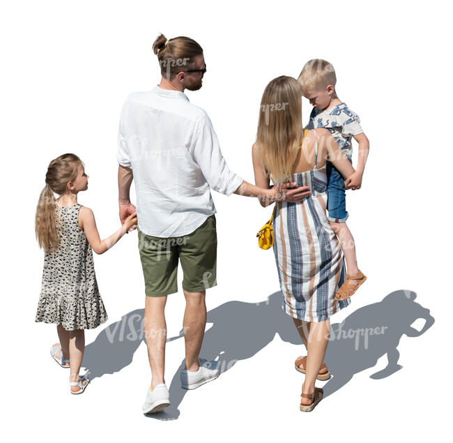 family of four walking seen from above