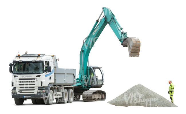 construction workers with a big truck loading rubble