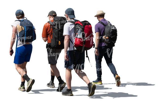 four men with backpacks going hiking