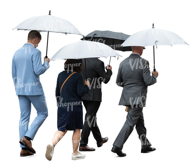 group of businessmen and businesswomen with umbrellas walking