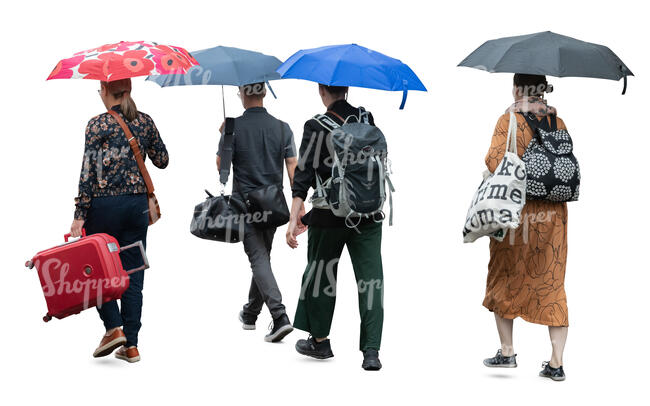 group of people with suitcases walking in the rain with umbrellas