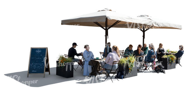 backlit outdoor cafe scene with people eating and drinking