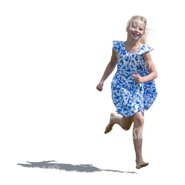 girl in a blue summer dress running