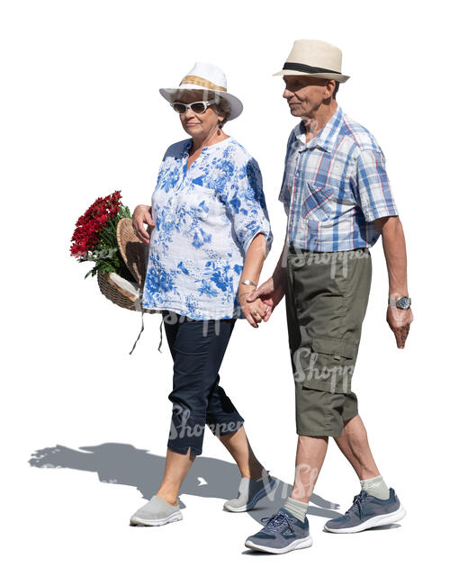 elderly couple walking hand in hand