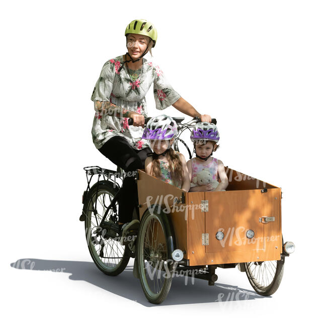 woman with kids riding a cargo bike in partial sunlight