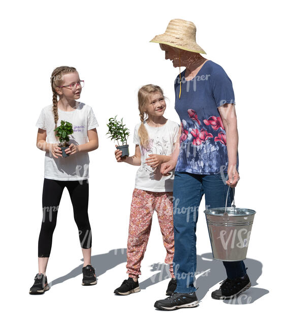 grandmother and grandchildren doing gardening work