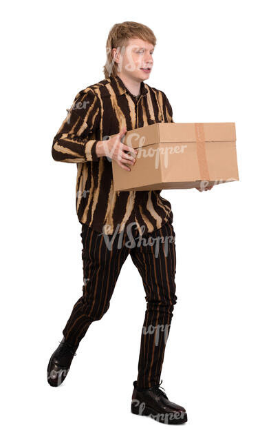 man walking and carrying a cardboard box