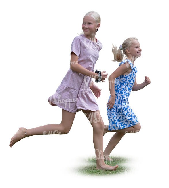 two girls running barefoot in the garden