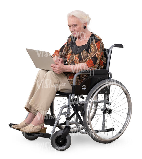 elderly lady with a laptop sitting in a wheel chair