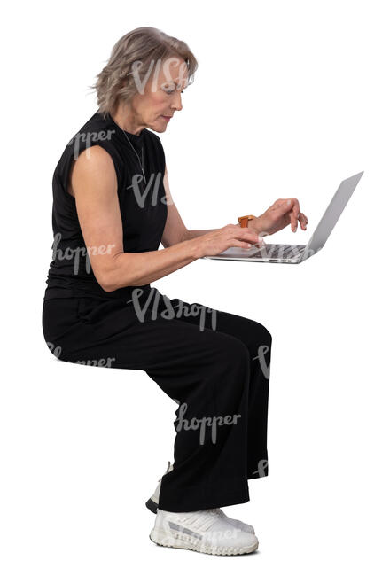 grey haired woman sitting at a desk and working with laptop