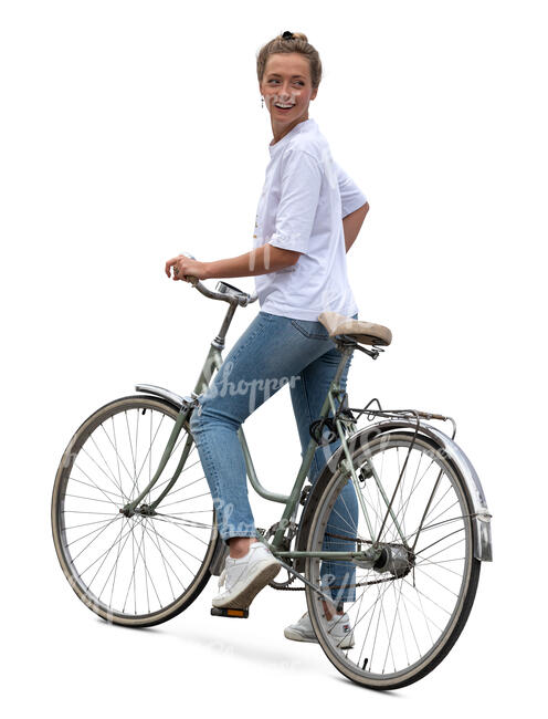 woman with a bike standing and looking back over her shoulder